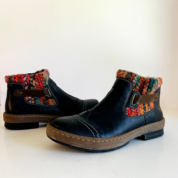 Rieker Shoes - Rieker | Blue Vegan Leather Colorful Yarn Ankle Bootie